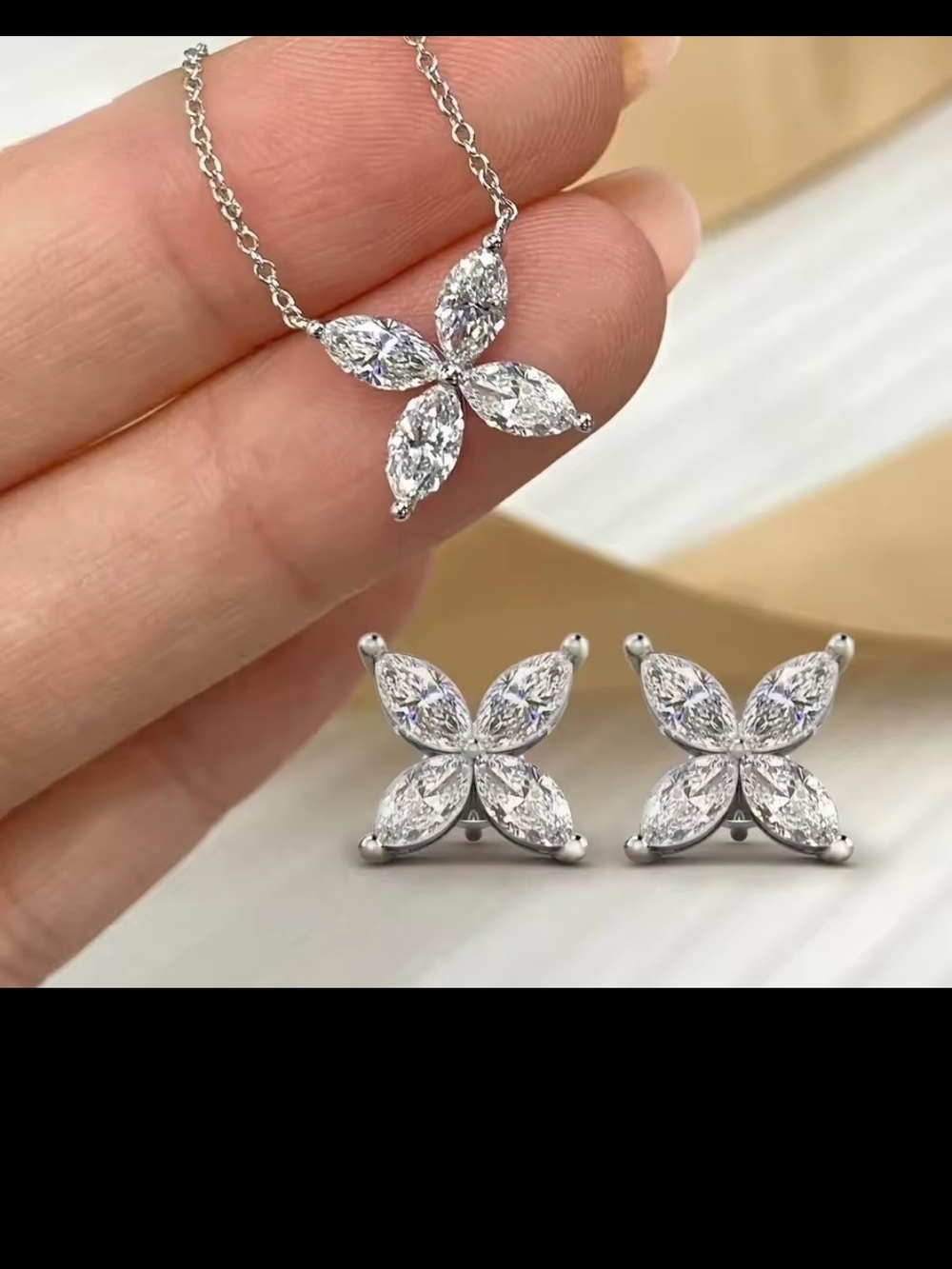 Sterling Silver Plated Crystal Flower Stud Earrings And Necklace Set